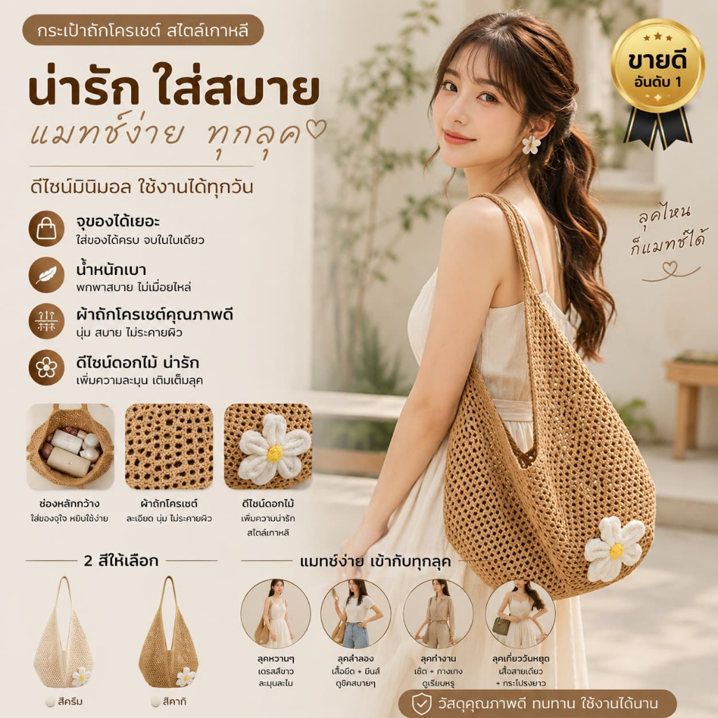 พร้อมส่ง กระเป๋าสานตกแต่งดอกไม้ กระเป๋าถักไหมพรมแฮนด์เมด กระเป๋าสะพายไหล่ประดับดอกไม้ เหมาะสำหรับเที่ยวทะเล
