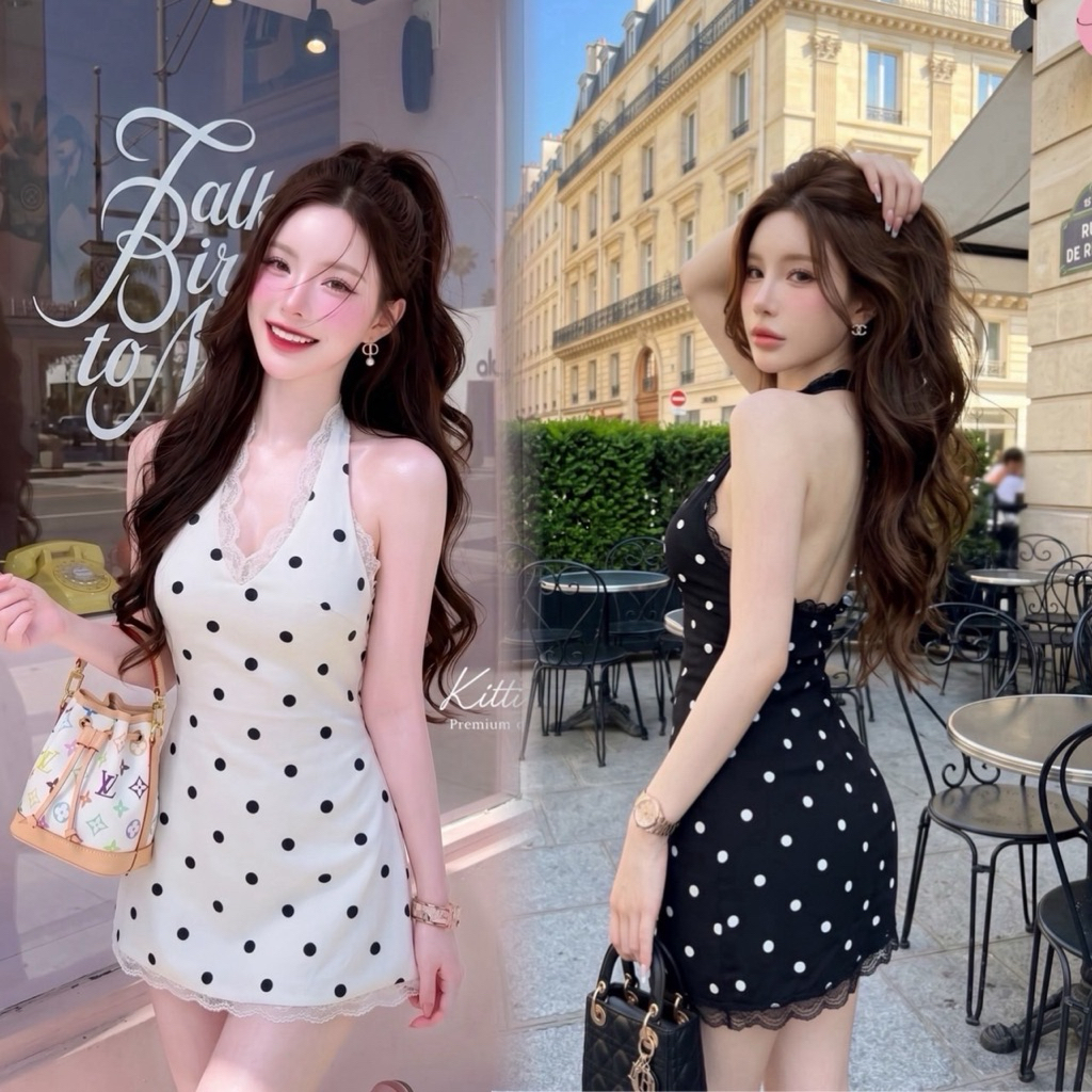 Kitti&Mila มินิเดรสสั้นคอวี ลายจุด พร้อมสายคล้องคอ หวานซ่อนเปรี้ยวด้วยการแต่ง ขอบผ้าลูกไม้