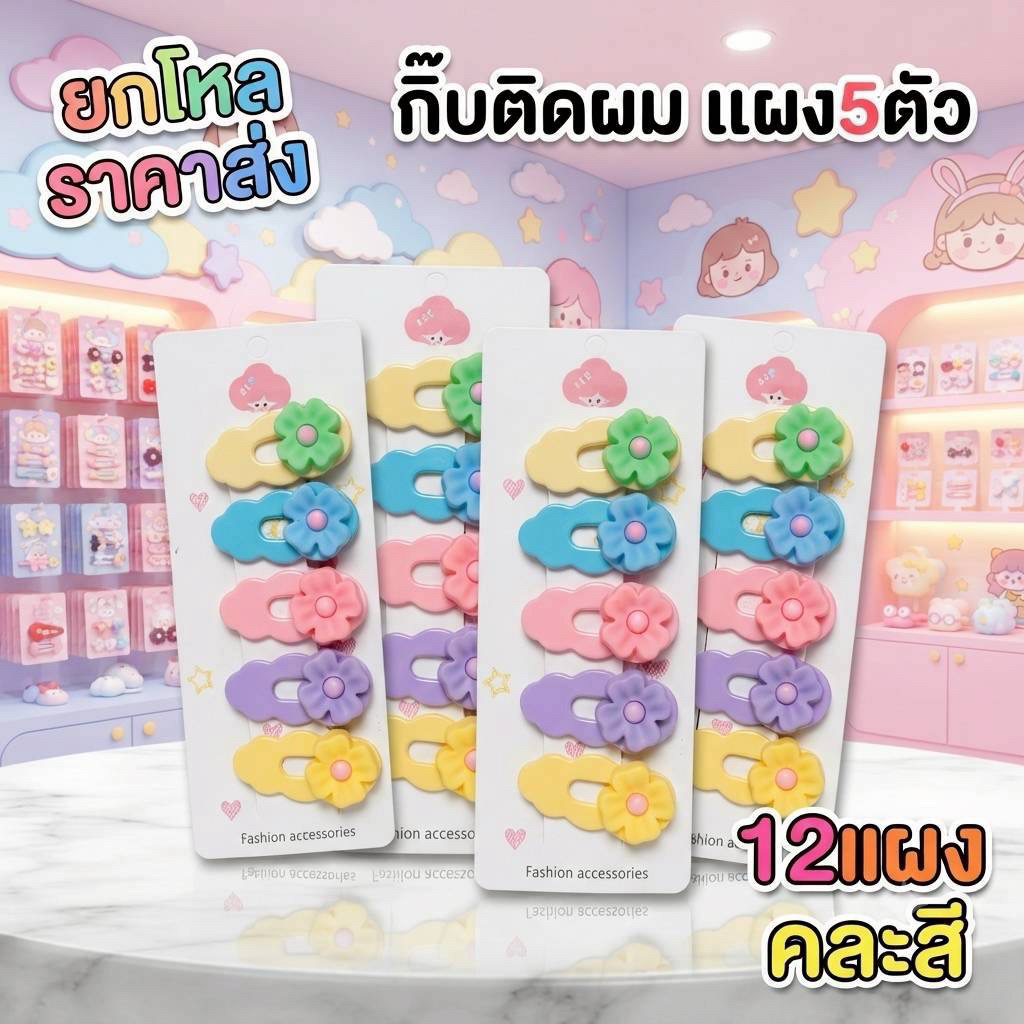 ยกโหล กิ๊บติดผมแผง 5 ตัว 12 แผง มีถุงห่อทุกแผง G038