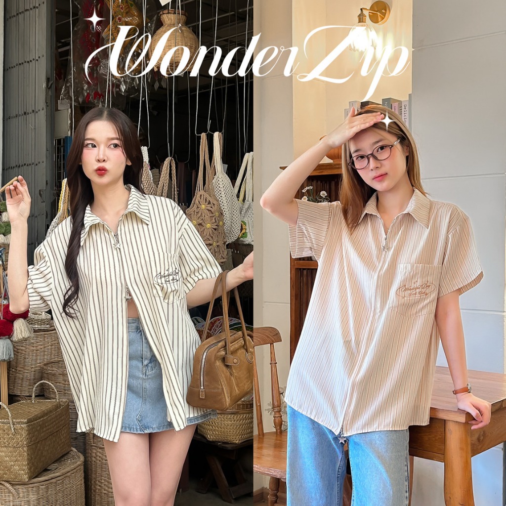 WONDERFUL ZIPby A.M CLUB [เอเอ็ม คลับ] เสื้อเชิ้ตซิปดาวและซิปหัวใจ ปักWONDERFULDAY ทรงโอเวอร์ไซส์  ใส่สบาย