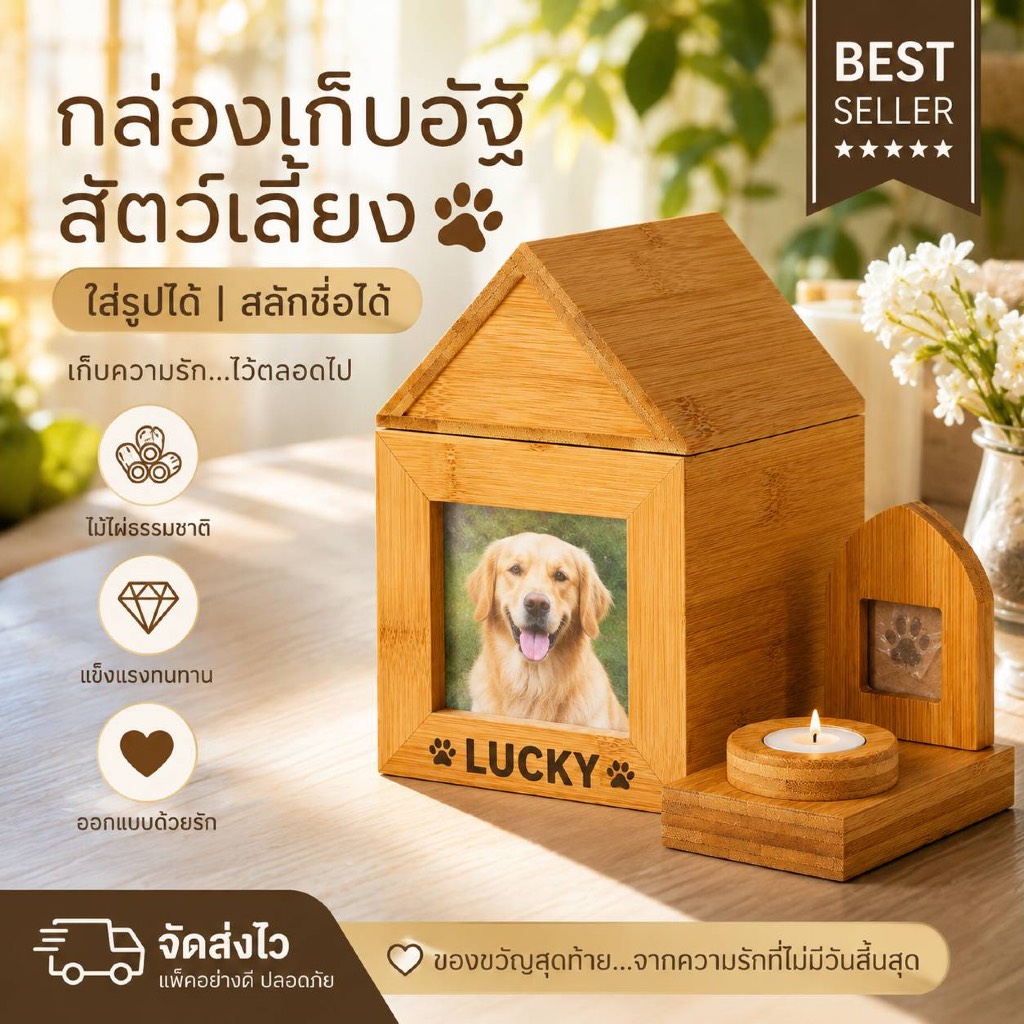 โกศสัตว์เลี้ยง  โถเก็บอัฐิสัตว์เลี้ยง บ้านแสนรัก กล่องเก็บกระดูกสัตว์เลี้ยง พร้อมฝาปิดกันฝุ่น
