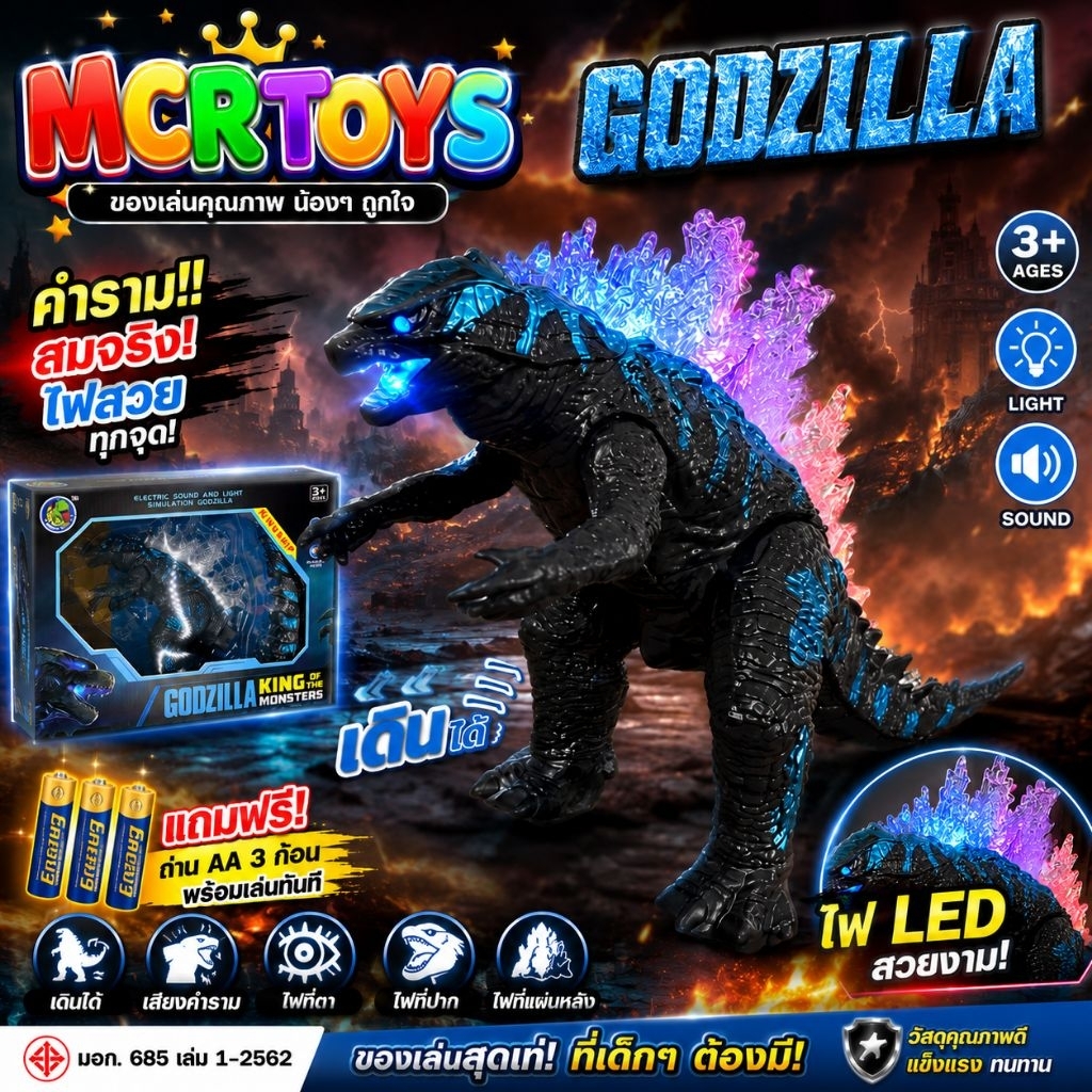 Godzilla ก๊อดซิลล่า แถมถ่านฟรี ไดโนเสาร์ ของเล่น ใส่ถ่าน มีเสียง มีไฟ งานเกรดดี สวยงามมาก มีบริการเก็บเงินปลายทาง