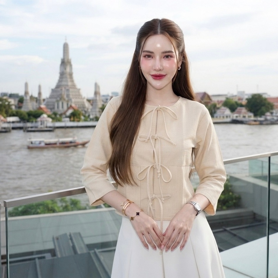 HOMJAI - เสื้อแขนยาวแบบผูกเชือกด้านหน้า (รุ่นบัวเกี๋ยง) เสื้อผ้าไทยผู้หญิง ผ้าฝ้ายชินมัย ทรงสวยใส่สว