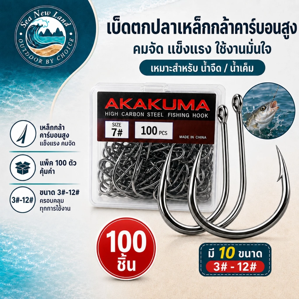 100 ชิ้น/กล่อง: ตะขอตกปลาเหล็กกล้าคาร์บอน ใช้งานง่าย ตัวตะขอแข็งแรงและคม
