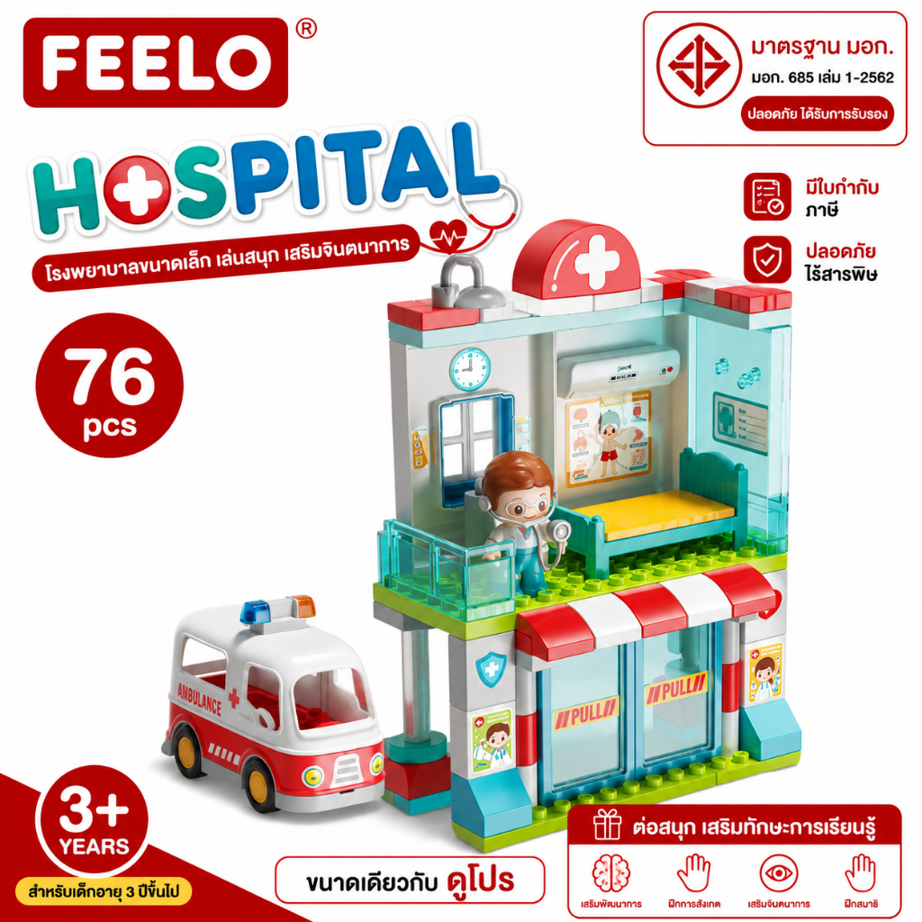 FEELO ของเล่นตัวต่อ City Series รุ่น Hospital โรงพยาบาล ขนาดเดียวกับดูโปร จำนวน 76 ชิ้น