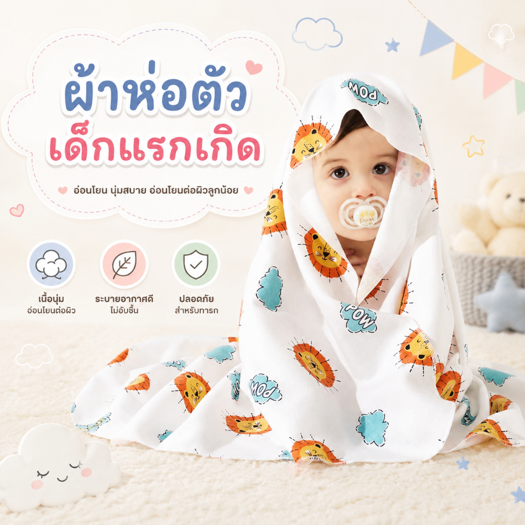 Royal kids ผ้าห่อตัว หรือผ้าห่มเด็กแรกเกิด เนื้อผ้านุ่มอย่างดี ใช้ห่มหรือเช็ดตัวได้ สำหรับเด็ก
