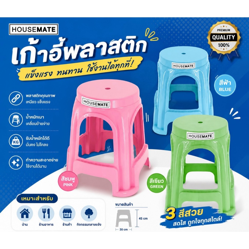 HM-103 เก้าอี้พลาสติกกลม ทรงสูง แพ็ค 3ตัว / แพ็ค 6ตัว ( พร้อมส่ง )