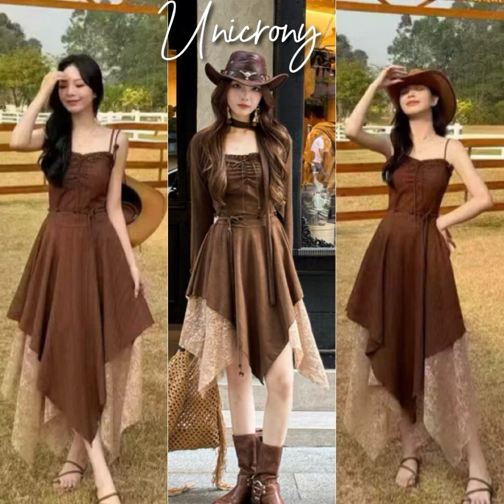 สินค้าพร้อมส่ง ชุดเดรสสายเดี่ยวสีน้ำตาล สไตล์โบฮีเมียนมาพร้อมกระโปรงแต่งลูกไม้งามสวย