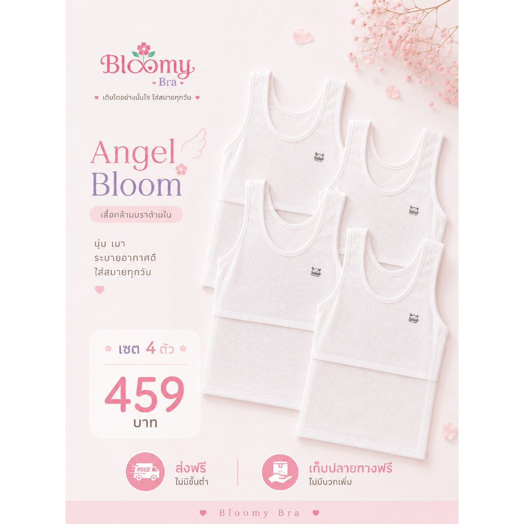 [เซต 4 ตัว] เสื้อซับในเด็กผู้หญิง มีซับใน ใส่สบาย อายุ 6+ | Bloomy Bra Angel Bloom