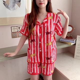 ชุดนอนแขนสั้น ขาสั้น ยืดสบาย ลายน่ารัก มีบราในตัว อก 42-52 (L-4XL) ส่งไวจากไทย