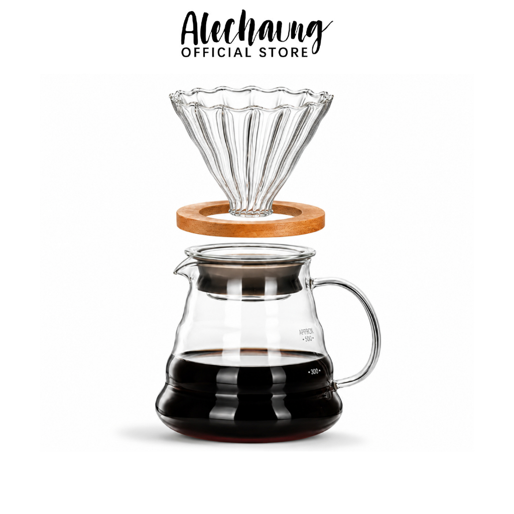 Alechaung เหยือกดริปกาแฟ กาชงกาแฟ Coffee glass Pot 300ml 500ml ด้ามไม้ จับถนัดมือ พร้อมสเกลวัดปริมาณ