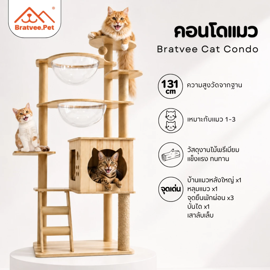 [พร้อมส่ง] Bratvee คอนโดแมว คอนโดไม้ มีหลุมใส เสาลับเล็บ เฟอร์นิเจอร์สัตว์เลี้ยง สูงถึง 200 cm