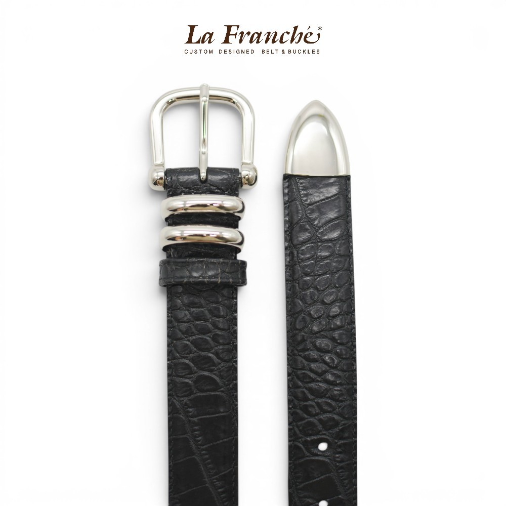 La Franche حزام جلد بقري بنقش تمساح أسود مع إبزيم نيكل — صورة 3