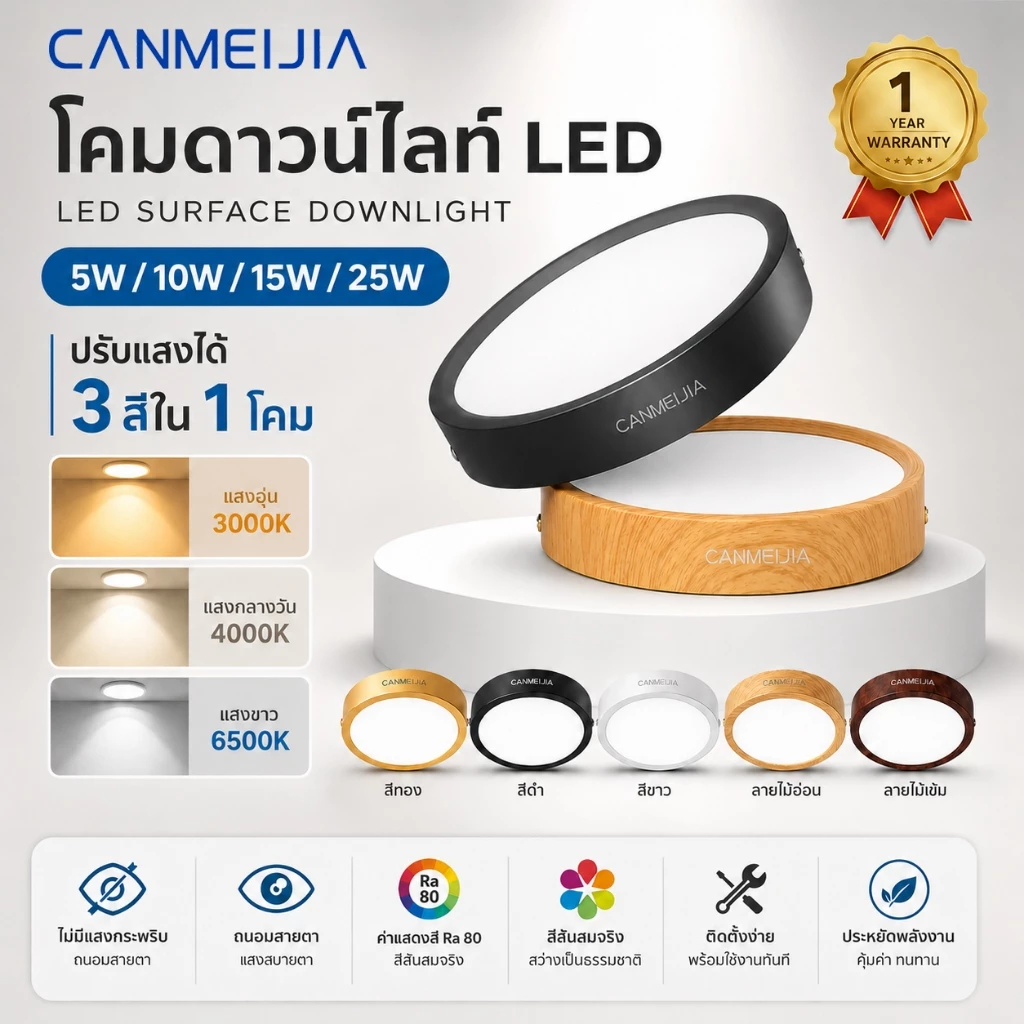 CANMEIJIA ไฟดาวน์ไลท์ 3สี LED ดาวน์ไลท์ติดลอย โคมไฟเพดาน Downlight ไฟติดห้อง ไฟเพดาน LEDไฟห้องนอน
