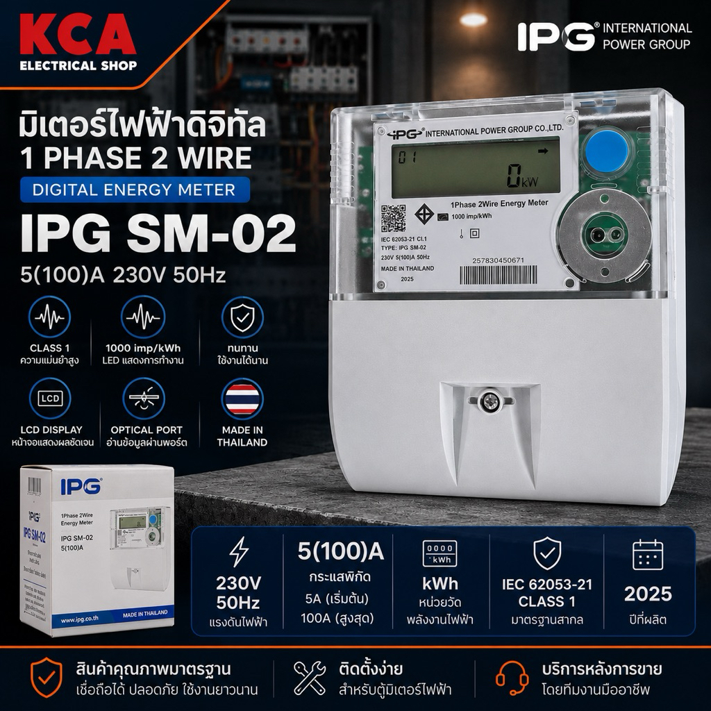 มิเตอร์ไฟฟ้า IPG SM-02 5(100)A 230V 1 Phase 2 Wire ดิจิตอล LCD วัดหน่วยไฟ IEC62053-21