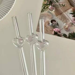 พร้อมส่ง หลอดแก้วใสรูปหัวใจ แก้วบอโรซิลิเกต ทนร้อน ใช้ซ้ำได้ สำหรับกาแฟ ชานม น้ำผลไม้