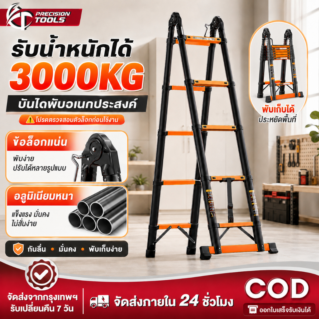 บันไดพับได้ บันได บรรไดพับได้ บันไดอลูมิเนียม รับน้ำหนักได้3000KG ยืดหดและพับเก็บง่าย ง่ายต่อการพกพา