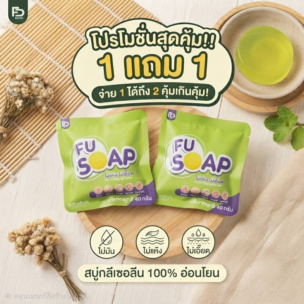 [1แถม1] สบู่ลดสิว สูตรอ่อนโยนต่อผิวแพ้ง่าย สบู่ก้อนรักษาสิวหน้าและสิวหลัง สบู่ฟู่ซองสีเขียว
