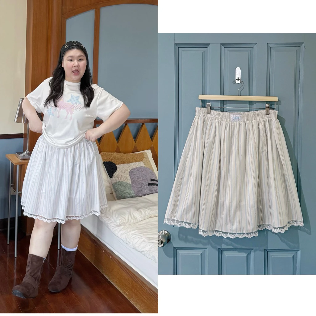 Frerch Stripe Short กระโปรงน้องปรุงจืดลายทาง ลูกไม้ wendystore19