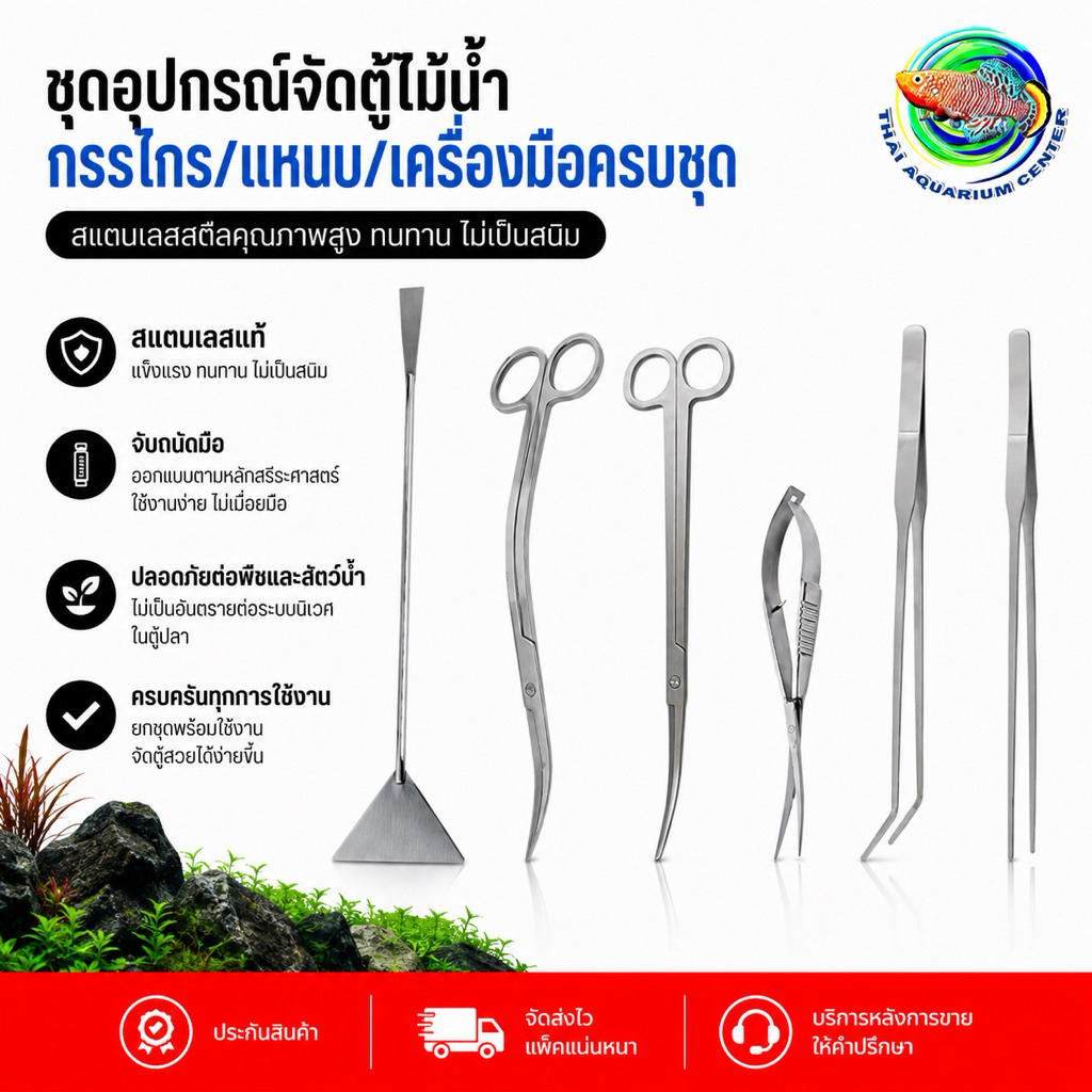 ครีบตรง ครีบงอ กรรไกร แหนบ ที่เกลี่ยดิน ชุดอุปกรณ์จัดตู้ไม้น้ำ Aquascaping Tools สแตนเลส กันสนิม