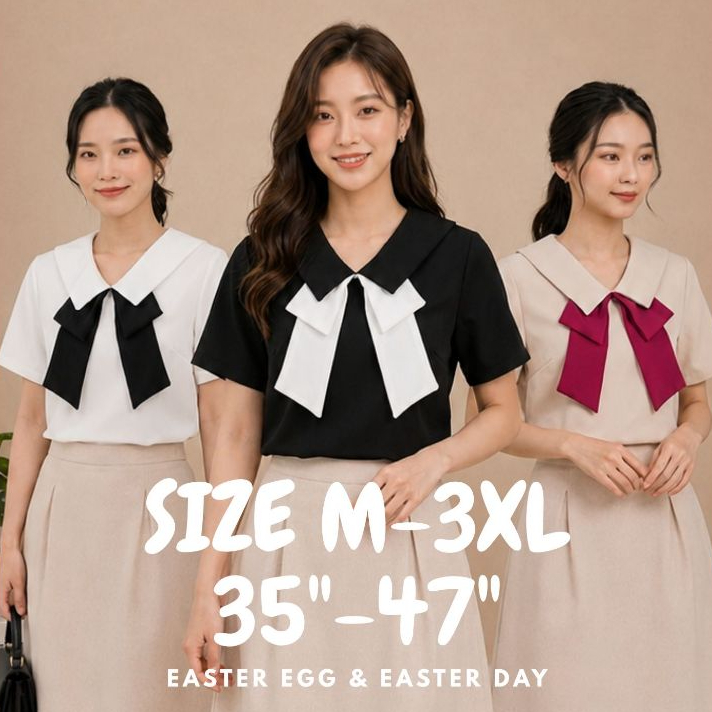 A23 เสื้อแขนสั้น คอปกสองชั้น แต่งริบบิ้นทูโทน แฟชั่น ชุดทำงาน สไตล์มินิมอล ร้าน Easter Egg