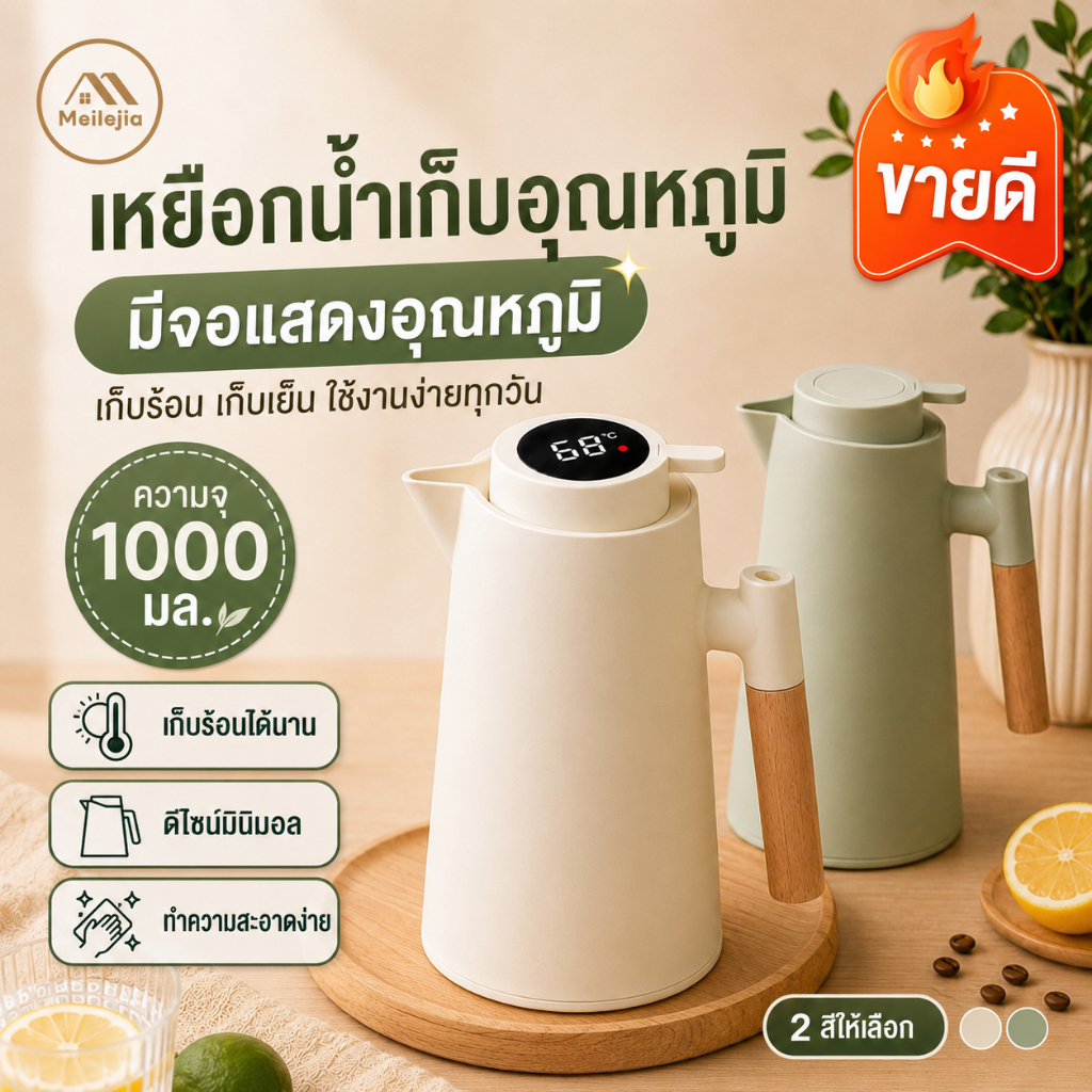 ครัวเก็บความร้อนวาเคิวม์ดิจิทัลแสดงสถานะอุณหภูมิ ปกปิดกดสปริง เก็บความร้อน/เย็น 1000ml สีขาว/เขียว