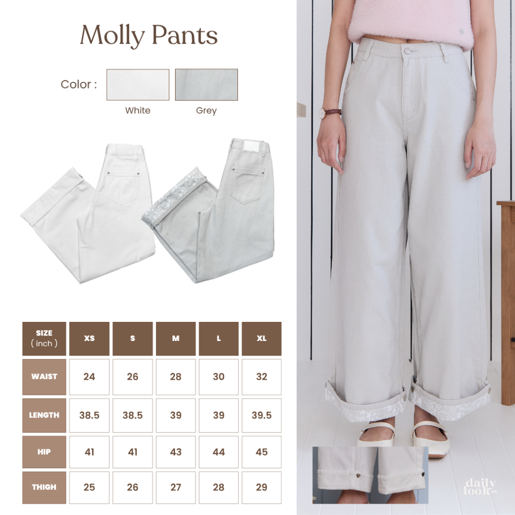 DAILYLOOK.SM --- Molly pants กางเกงยีนส์ทรงกระบอกใหญ่ ดีไซน์พับขาแต่งผ้าลูกไม้ ปรับระดับความยาวได้ 2 ระดับ