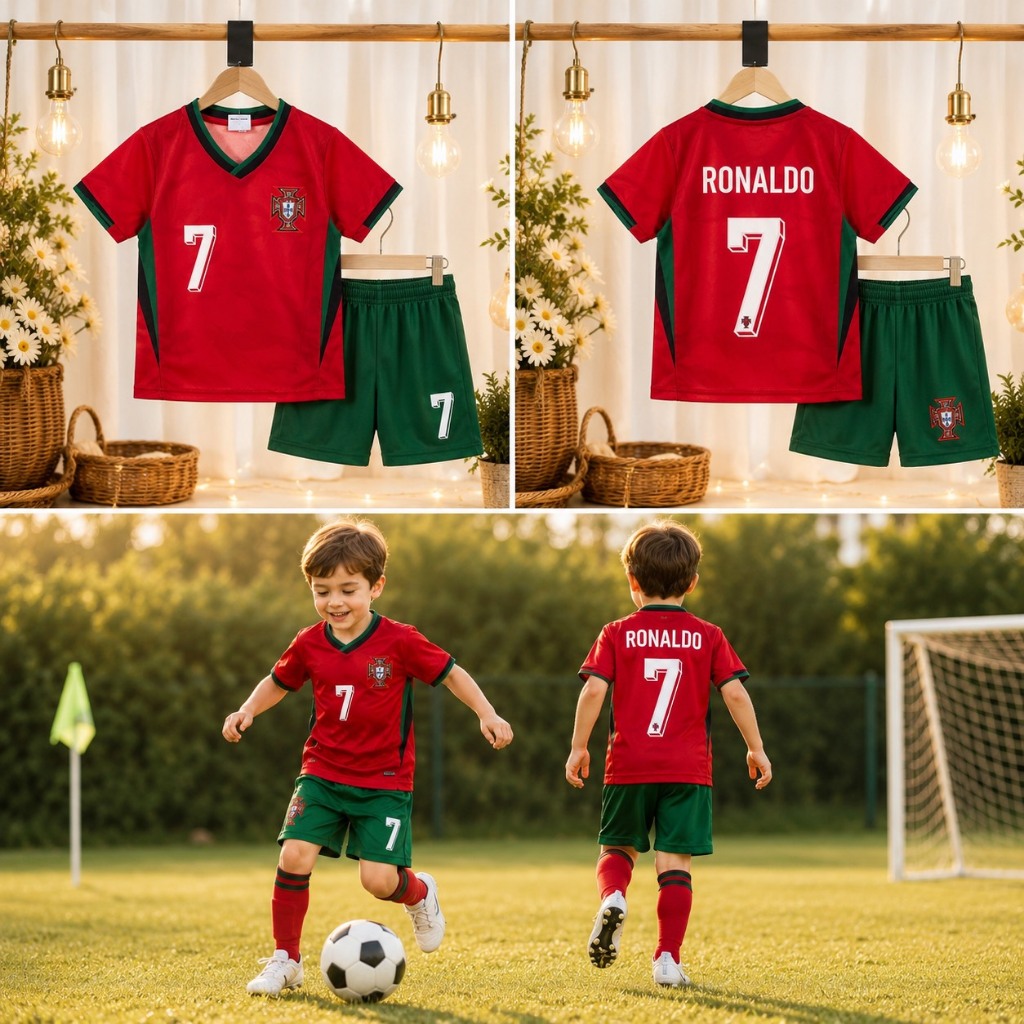 ชุดเซ็ตเสื้อพร้อมกางเกงฟุตบอลเด็ก สีแดงทีมโปรตุเกสโรนัลโด้ชุดเบอร์7 ใส่สบายไม่ร้อนสีสวยเข้ากับลุคสบายๆ