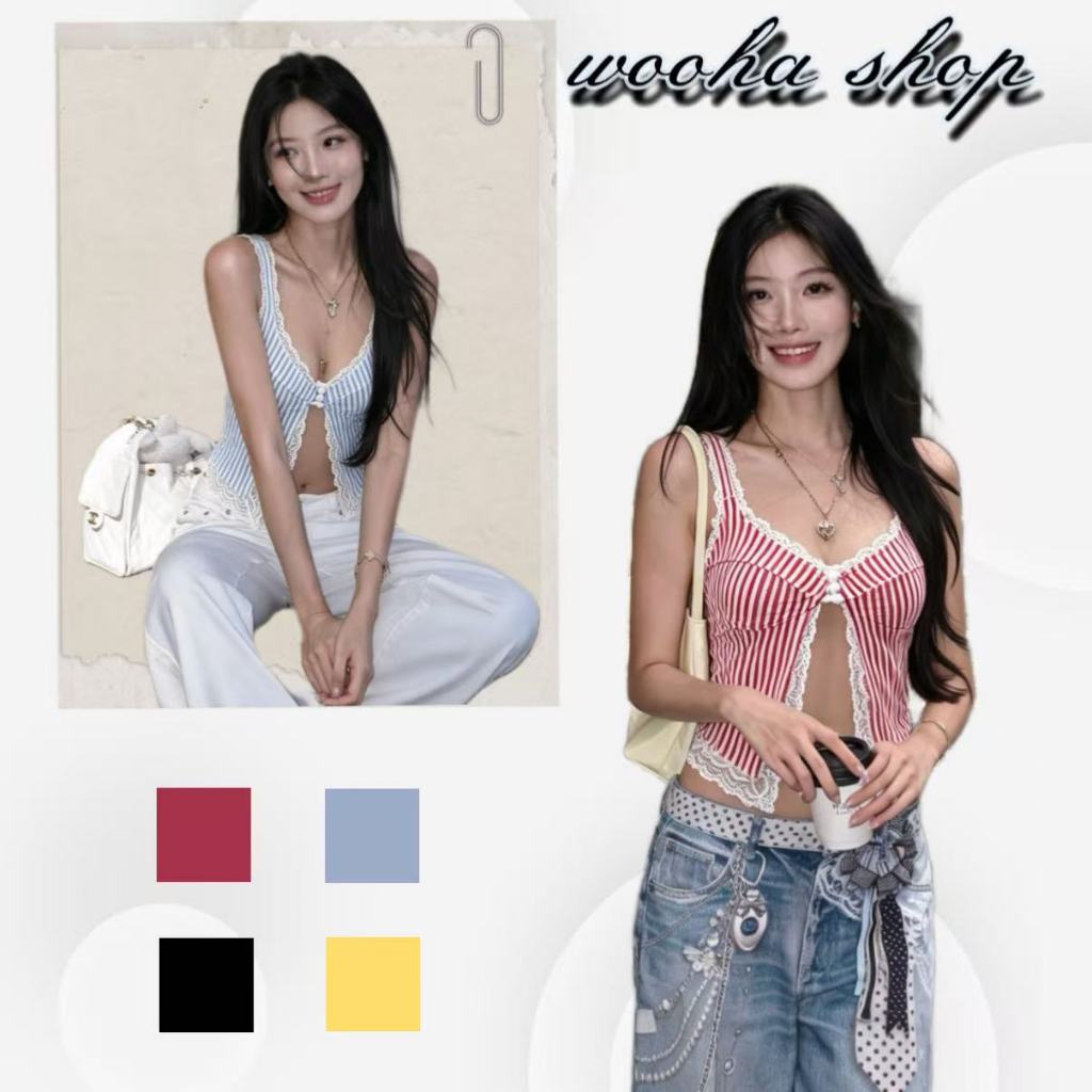 🥰wooha shop🥝เสื้อสายเดี่ยวสั้นทรงเซ็กซี่สไตล์สาวฮอตยุโรปและอเมริกา สไตล์เรโทร ประดับลูกไม้และลายทาง มีผ่าข้าง