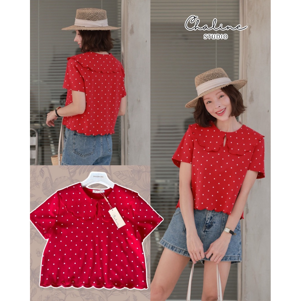 Chaline เสื้อยืดผ้าคอตตอนเนื้อนุ่มลาย polkadot
