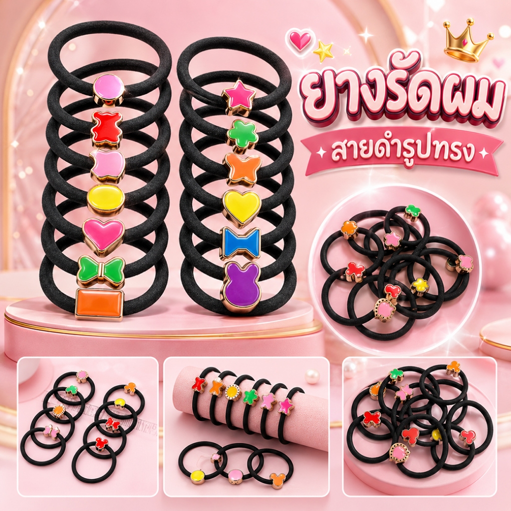 ยางรัดผมสายดำรูปทรง (สุ่มลาย) พร้อมส่ง หนังยางรัดผมเกาหลี ยางรัดผมไสต์เกาหลี มัดผม