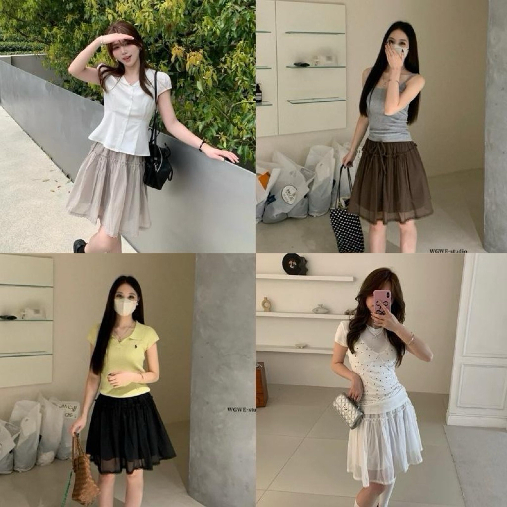 Glamorg1080-กระโปรงเอวสม็อคแต่งระบาย ขอบลูกไม้ (มีซับในนะคะ)*