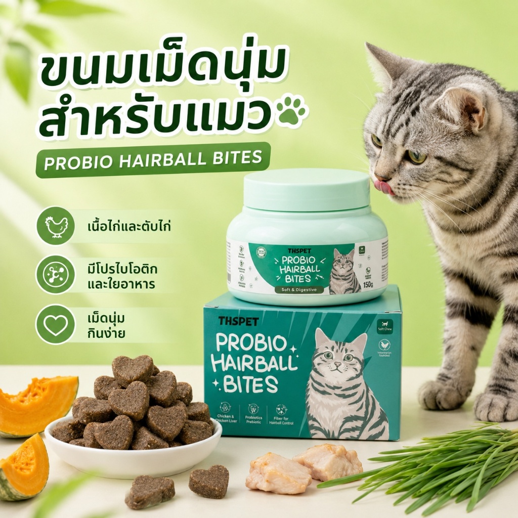 THSPET ขนมแมวเม็ดนุ่ม ProBio Hairball Bites 150g ขนมแมวช่วยดูแลก้อนขน มีโปรไบโอติก ไฟเบอร์ วิตามินรวม