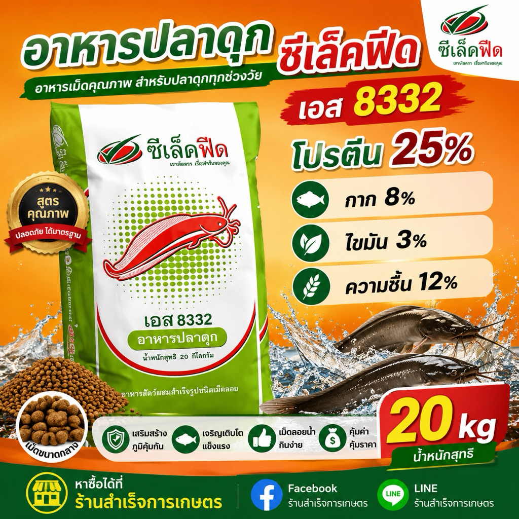 อาหารปลาดุก เม็ดกลาง 8332 โปรตีน25% 20kg