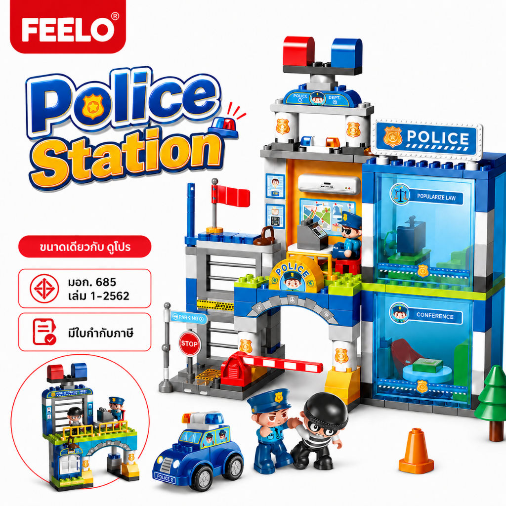 FEELO [NEW DESIGN ] ของเล่น ตัวต่อ City Series รุ่น Police Station  สถานีตำรวจ ขนาดเดียวกับดูโปร