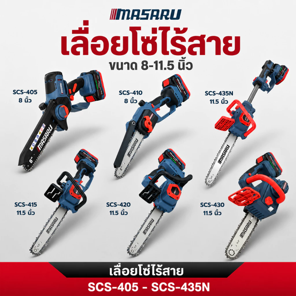 เลื่อยไฟฟ้า MASARU SCS-410/415/420 เลื่อยไฟฟ้าไร้สาย เลื่อยโซ่ มีจอ LED ตัดเร็ว ใช้งานง่าย แบต 20V