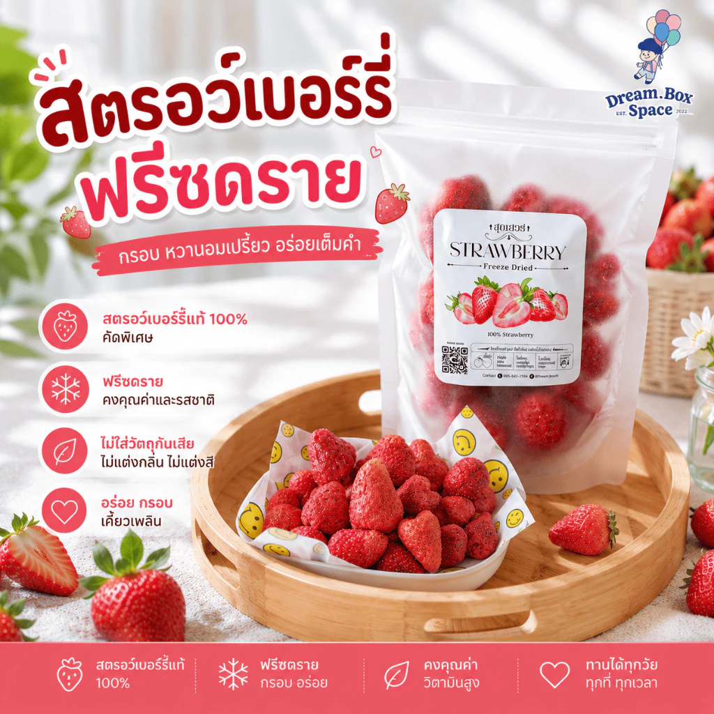 สตรอว์เบอร์รี่ฟรีซดราย ผลิตจากสตรอว์เบอร์รี่เกรด A+ ไม่ใส่น้ำตาลเพิ่ม