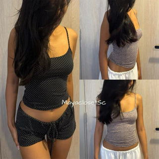 เสื้อสายเดี่ยวลายจุด,งานเซทคู่กางเกง ผ้า Cotton Spandex เนื้อนิ่มยืดใส่สบาย มีขายแยก