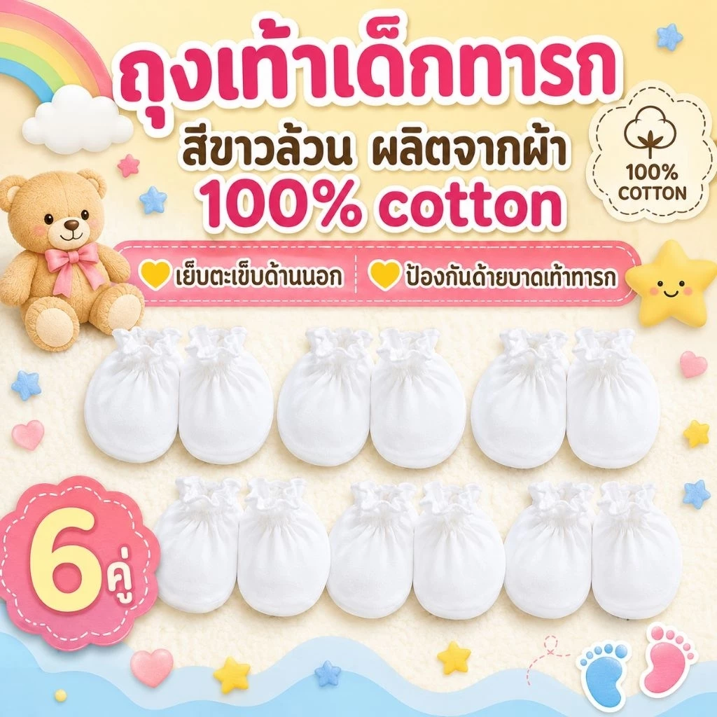 Palm&Pond ผลิตในไทย พร้อมส่ง ถุงเท้าเด็กอ่อน ถุงเท้าเด็กแรกเกิด ถุงเท้าเด็ก แพ็ค 6 คู่ สีขาวล้วน