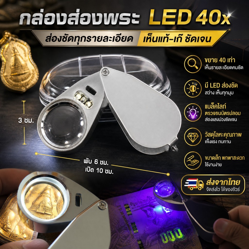 กล้องส่องพระ LED กำลังขยาย 40เท่า เลนส์กว้าง 25mm