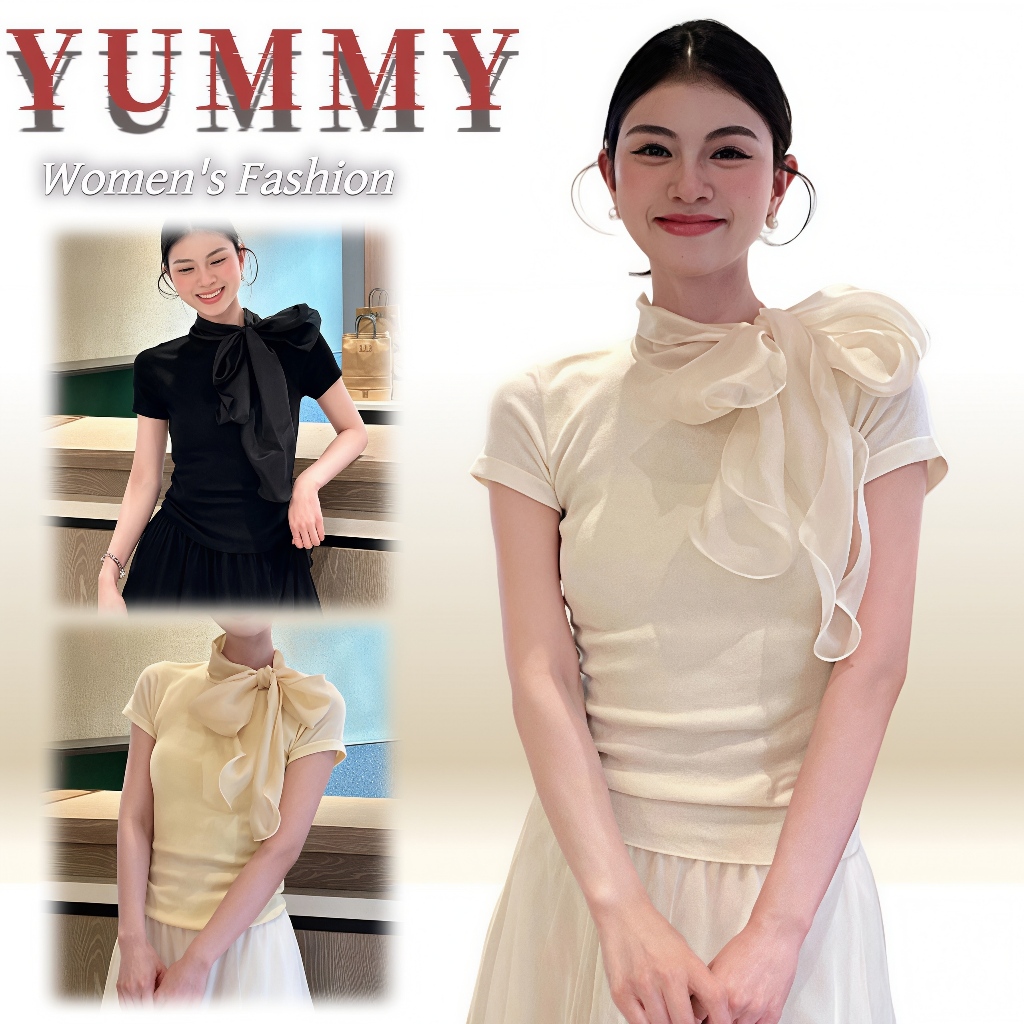 🎀Yummy Shop🎀㈦ เสื้อเกาหลีแขนสั้น ผูกโบว์ใหญ่ ใส่แล้วดูผอม ผ้านุ่มสบาย เสื้อแฟชั่นผู้หญิง' V25