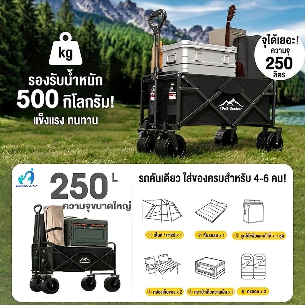 รถเข็นแคมป์ปิ้ง รถเข็นพับได้ รถเข็นของ รับน้ำหนัก300KG ล้อ360° มีเบรก ด้ามจับปรับระดับ พับเก็บได้ thumbnail 3