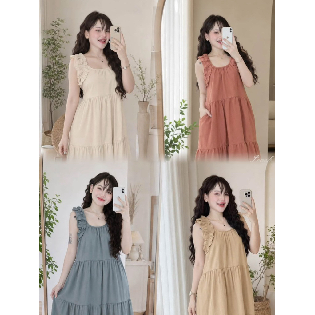 ชุดเดรสสายแต่งระบายผ้าฝ้ายสีพื้น (layer maxi)