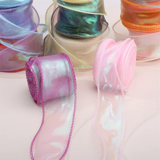 ริบบิ้นไนลอนสีรุ้งลายหางปลามีขอบลวด กว้าง 4cm สำหรับห่อดอกไม้ ห่อของขวัญ ตกแต่งเค้ก งานแต่งงาน และงาน DIY