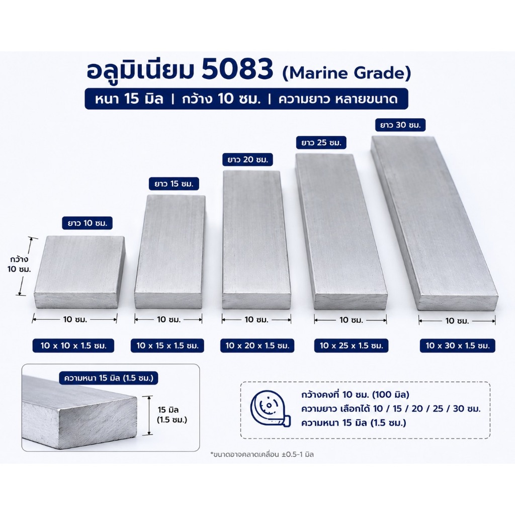 แผ่นอลูมิเนียม 5083 หนา 15 มม. กว้าง 100 มม. AL5083 เลือกความยาวได้
