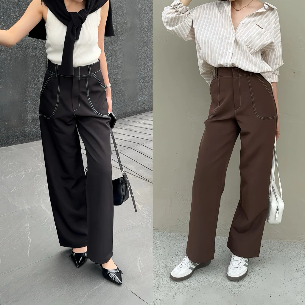 TOP PANTS l กางเกงขายาวเอวสูง แต่งไล่ตะเข็บ ไม่ใช่ผ้ายีนส์ใส่ทำงานได้น้า