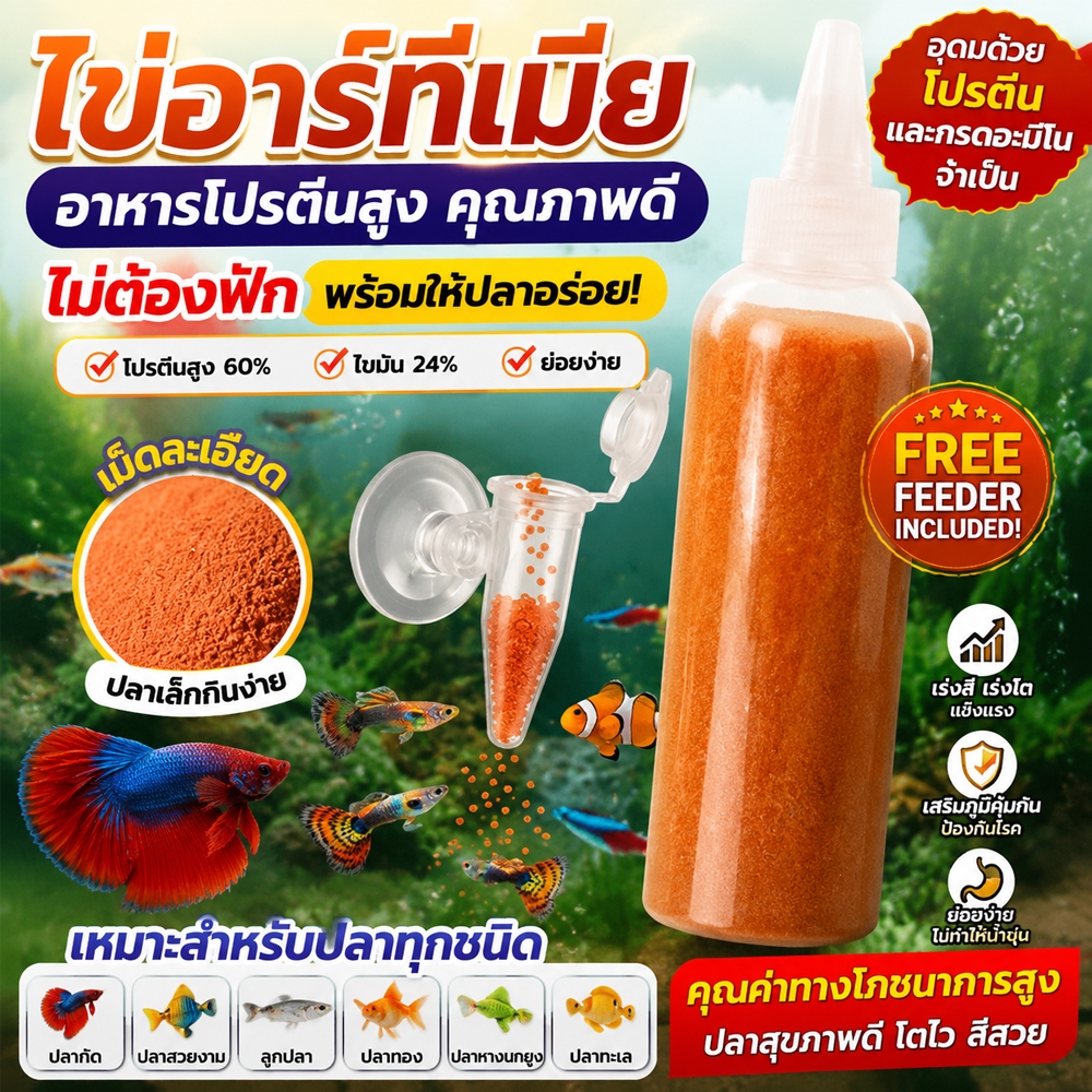 อาร์ทีเมียร์ อาหารปลาและปลาหางนกยูง คุณภาพพรีเมียม ลอกเปลือก อาหารปลาโปรตีนสูงจากธรรมชาติ เจริญโตเร็ว อาหาร ปลา