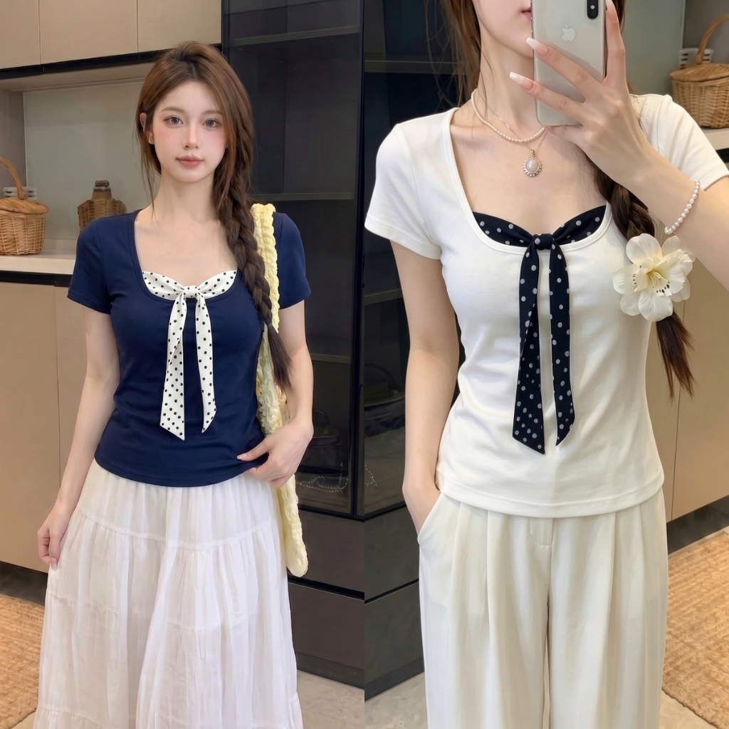 Beryl พร้อมส่ง เสื้อยืดผู้หญิง เสื้อยืดแฟชั่นผู้หญิง คอเหลี่ยมแขนสั้นลายจุดมีเชือกผูก สไตล์ฝรั่งเศส