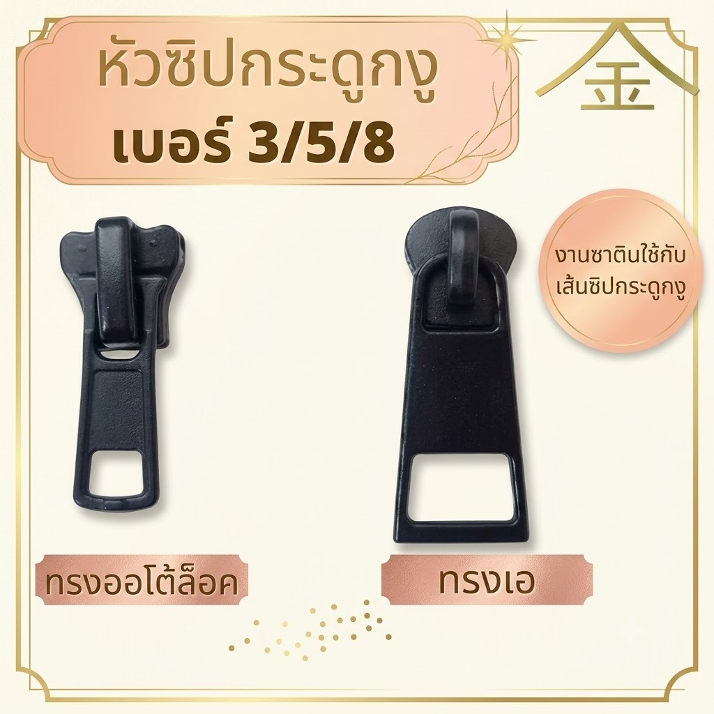 ปลีก/ส่ง (5ชิ้น) ชุดหัวพร้อมหางกระดูกงู เบอร์3,เบอร์5, เบอร์8 (ซาติน) (ใช้กับเส้นซิปกระดูกงู)