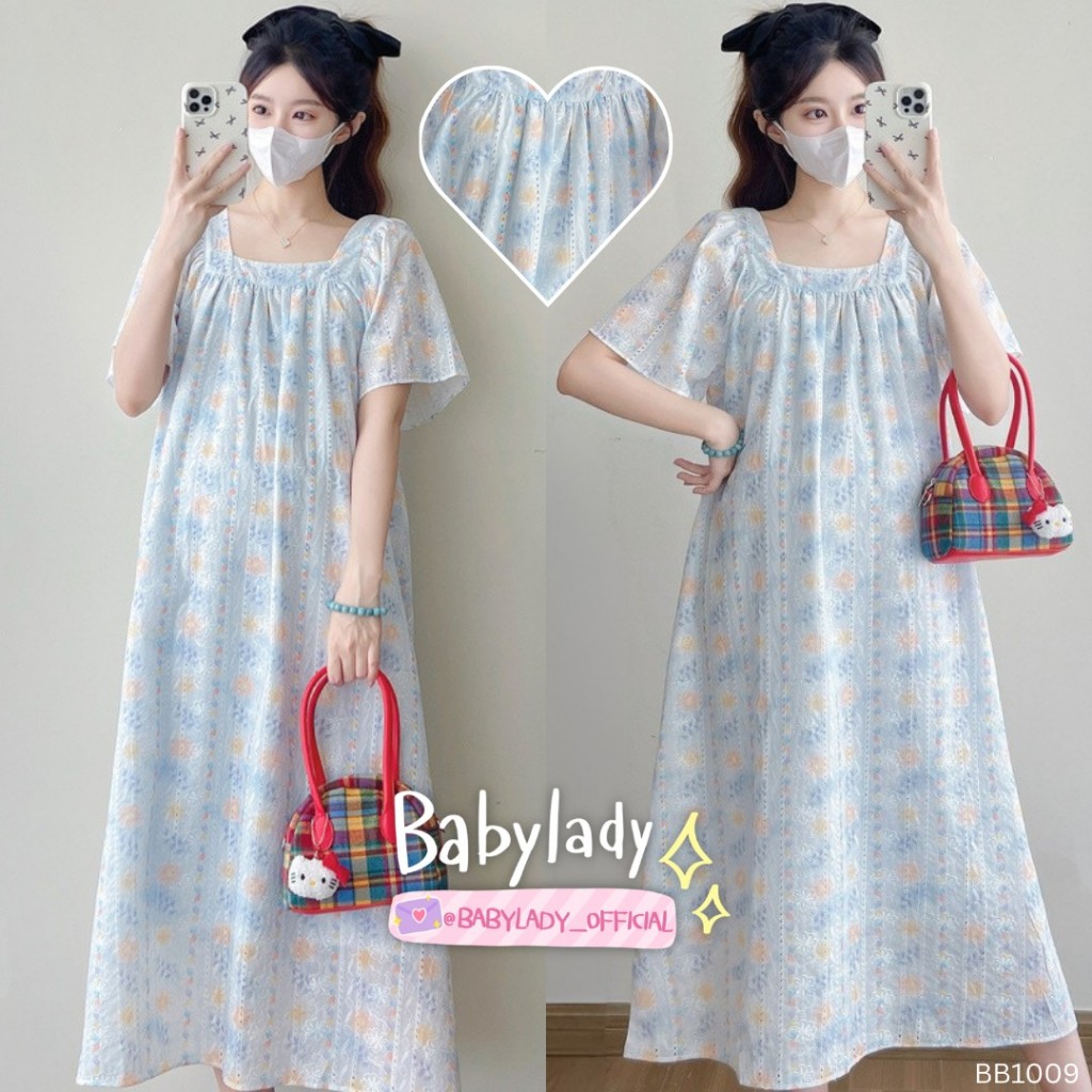 [BB 1009] ชุดคลุมท้อง | BABYLADY ♡ - เดรสลายดอก ผ้าฝ้ายผสมโพลี มีซับใน